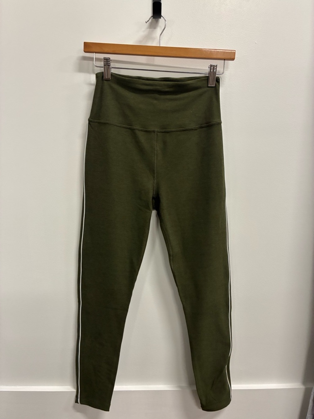 High-Waist Olive Green Leggings with Side Stripe Detail- Beyond Yoga